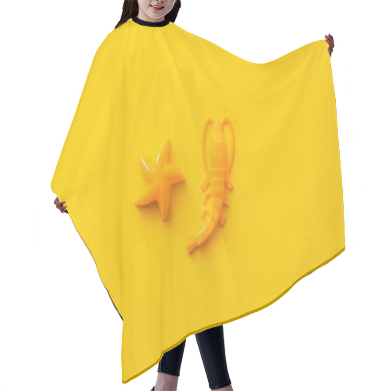 Personality  Top View Of Bright Plastic Shrimp And Starfish On Yellow Background Hair Cutting Cape