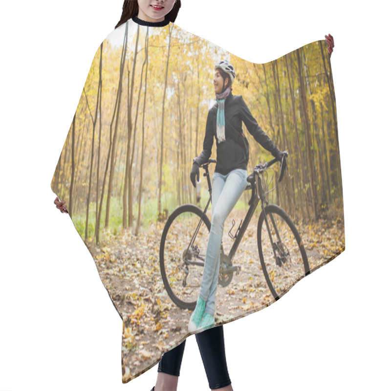 Personality  Picture Of Girl In Helmet, Jeans Next To Bicycle In Autumn Park Hair Cutting Cape