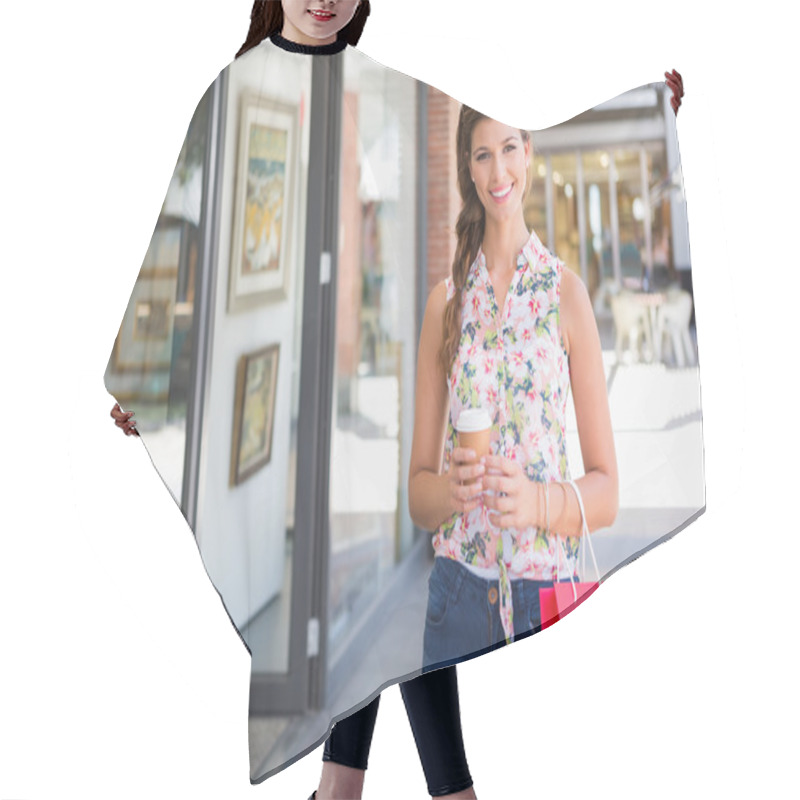 Personality  Portrait Of Smiling Woman Coffee To Go And Shop Hair Cutting Cape