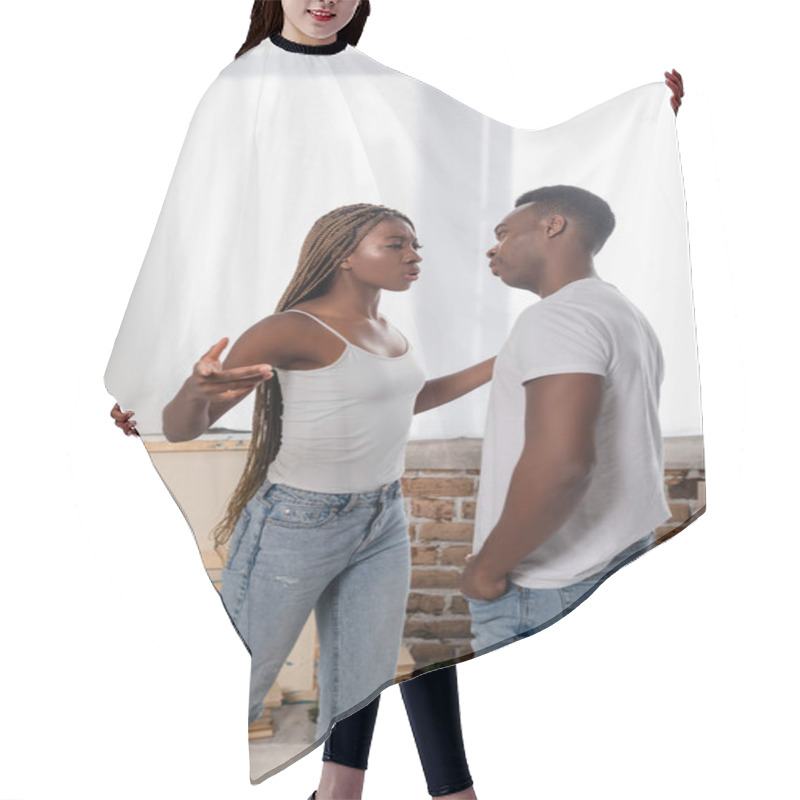 Personality  Angry African American Woman Quarrelling With Boyfriend At Home  Hair Cutting Cape