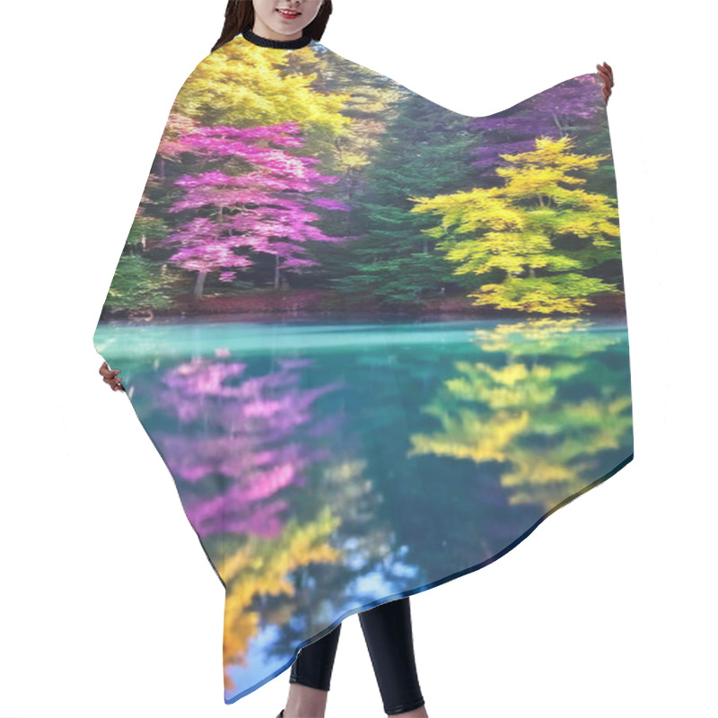 Personality  Enchanted Forest Pond: A Tranquil Pond Surrounded By Trees With Leaves In Unnatural Yet Harmonious Colorsbright Pink, Teal, And Goldreflected In Water That Appears To Be A Gradient Of Violet And Emerald  Hair Cutting Cape