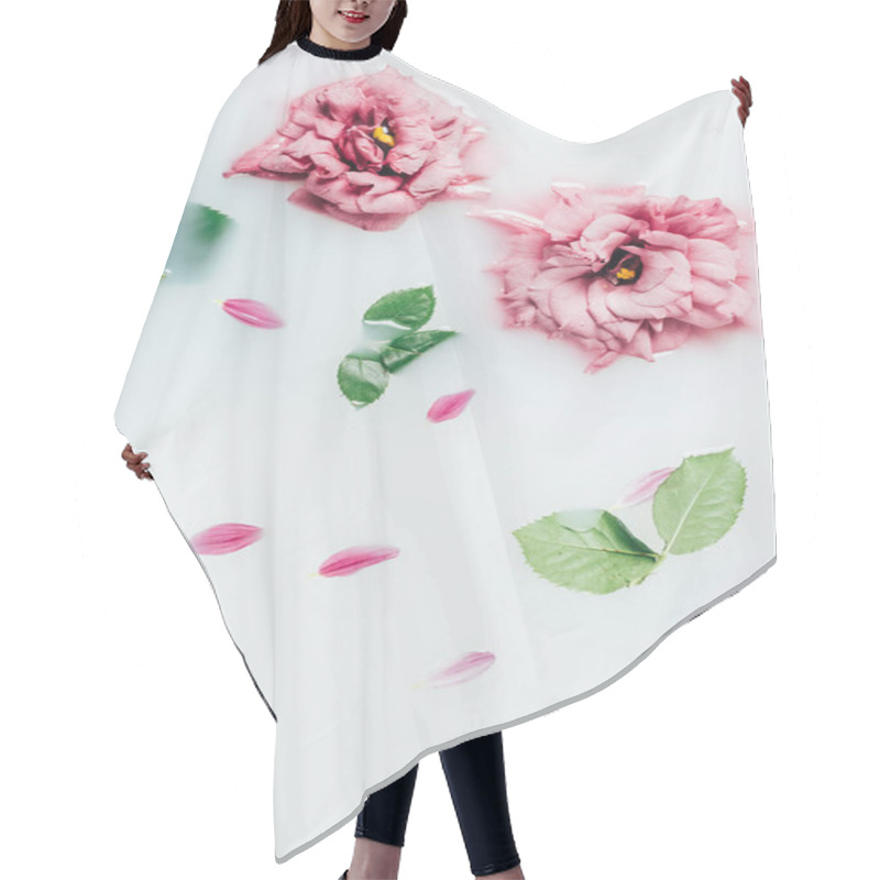 Personality  Top View Of Arranged Beautiful Pink Roses With Green Leaves In Milk Hair Cutting Cape