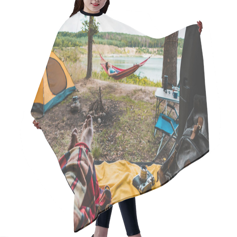 Personality  Person View Couple Resting At Camping Woman Laying In Hammock With Beautiful View Of Forest Lake Hiking Concept Hair Cutting Cape