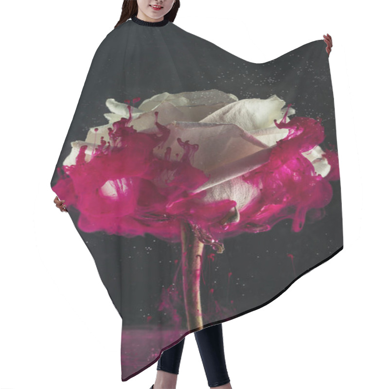 Personality  Beautiful Tender White Rose Flower And Pink Paint On Black   Hair Cutting Cape