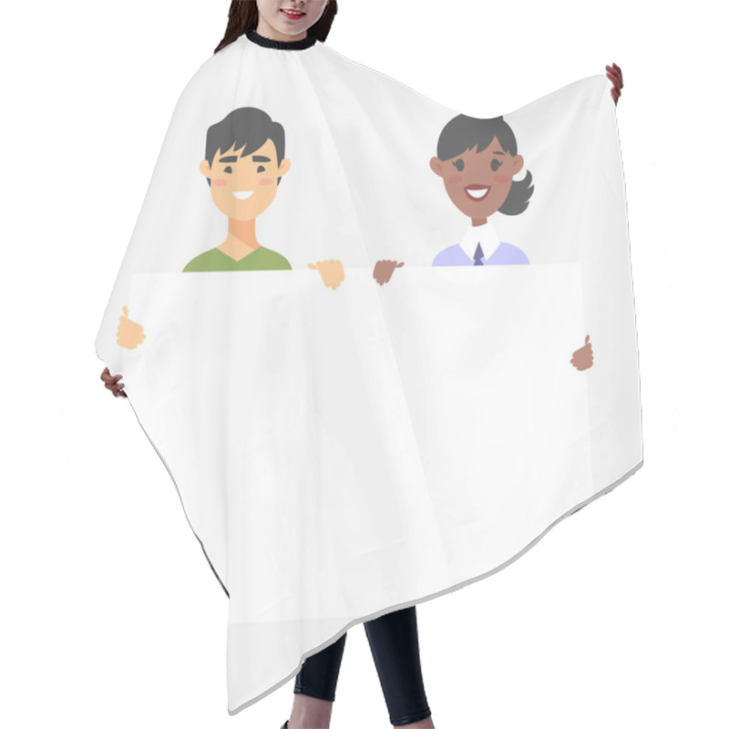 Personality  Male And Female Characters With Board. Cartoon Style People Icons. Isolated Guys Avatars. Flat Illustration Men And Women Faces. Hand Drawn Vector Drawing Girls And Boys Portraits Hair Cutting Cape