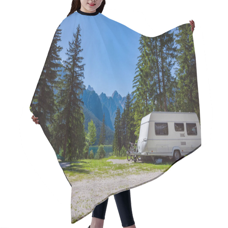 Personality  Family Vacation Travel, Holiday Trip In Motorhome RV, Caravan Car Vacation. Beautiful Nature Italy Natural Landscape Alps. Hair Cutting Cape