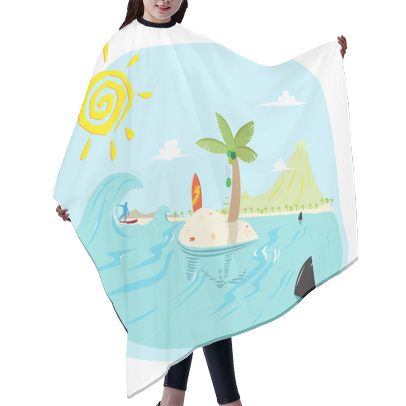 Personality  Island In The Sun Concept With Sports, Sharks And Blue Waters. Editable Clip Art. Hair Cutting Cape