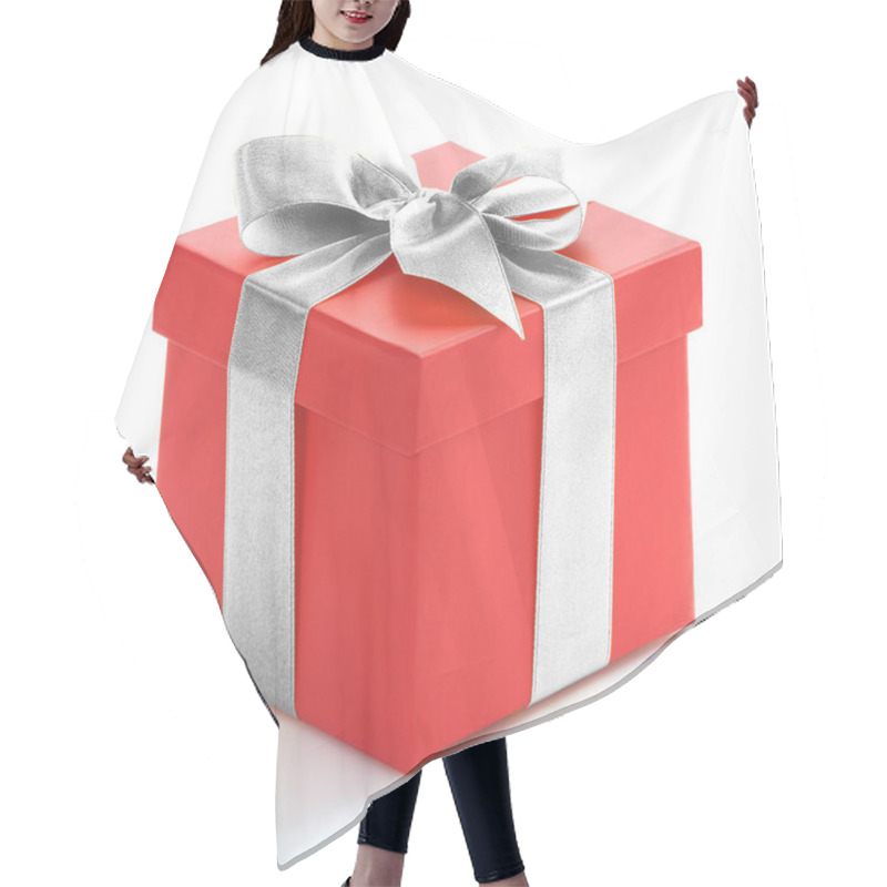 Personality  Single Red Gift Box With Gold Ribbon On White Background. Hair Cutting Cape