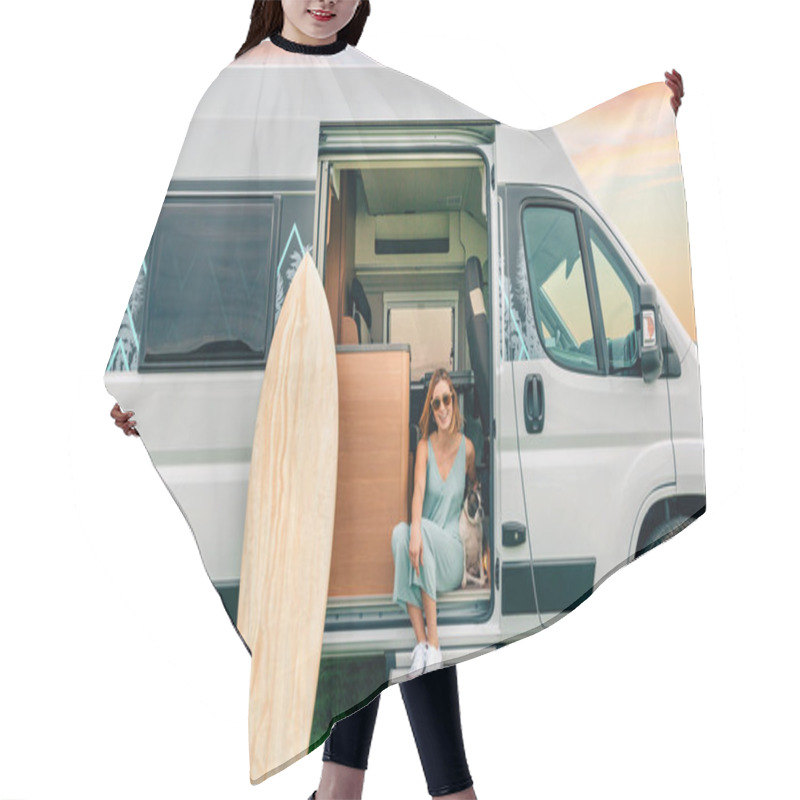 Personality  Happy Young Woman Sitting With Her Boston Terrier Dog At The Door Of Her Camper Van During A Trip Hair Cutting Cape