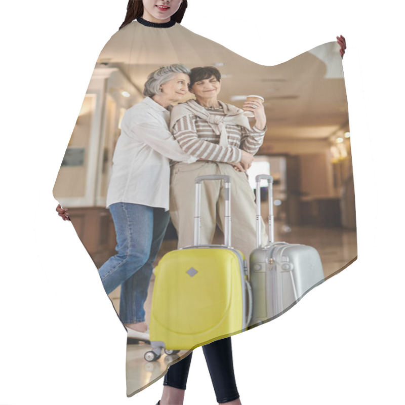 Personality  Senior Lesbian Couple Ready For Adventure With Luggage In Hand. Hair Cutting Cape