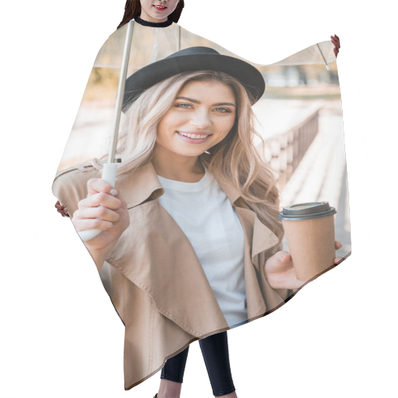 Personality  Woman In Hat Holding Umbrella And Paper Cup With Coffee To Go In Autumnal Park  Hair Cutting Cape