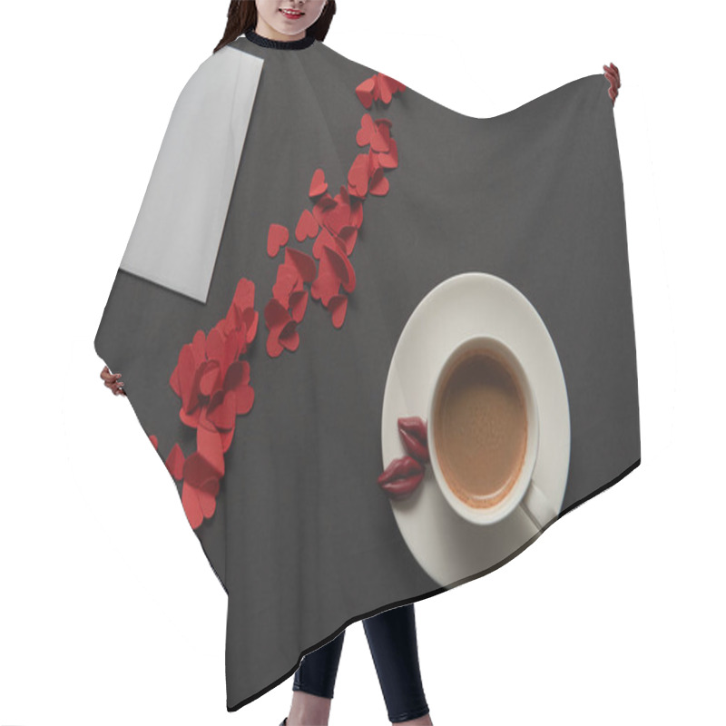 Personality  Top View Of White Greeting Card With Red Paper Cut Hearts And Cup Of Coffee  Hair Cutting Cape