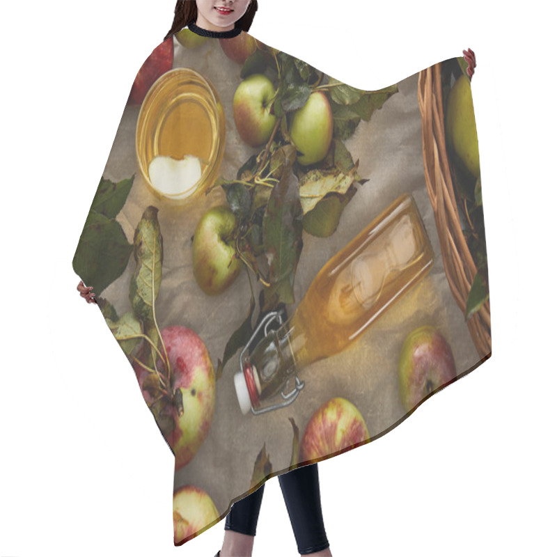 Personality  Top View Of Bottle And Glass With Cider Near Apples And Wicker Basket Hair Cutting Cape