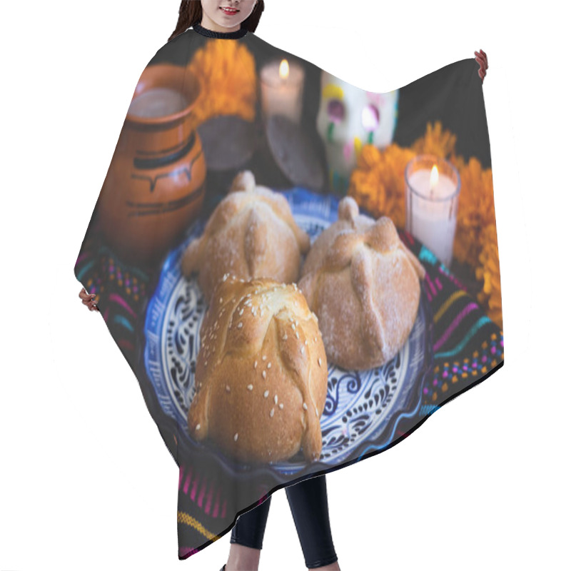 Personality  Mexican Bread On Altar With Sugar Skull And Hot Chocolate Traditional Food For Celebration Of Mexico's Day Of The Dead Hair Cutting Cape