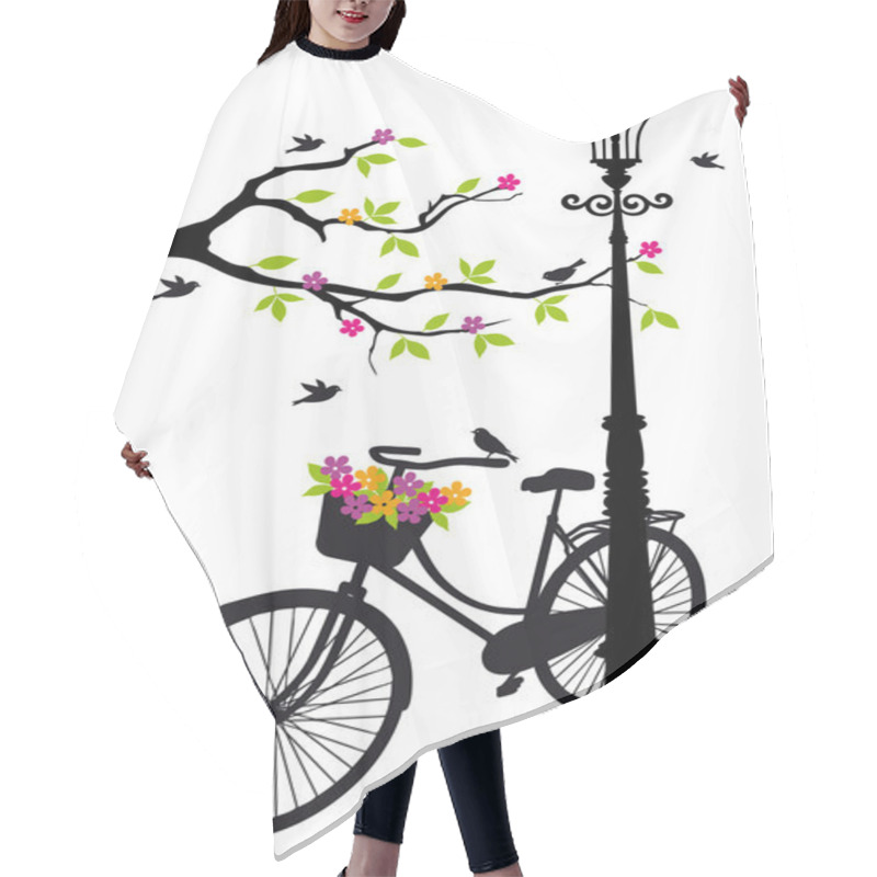 Personality  Bicycle With Lamp, Flowers And Tree, Vector Hair Cutting Cape