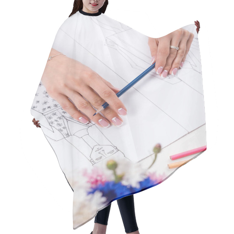 Personality  Fashion Designer Working With Sketches Hair Cutting Cape