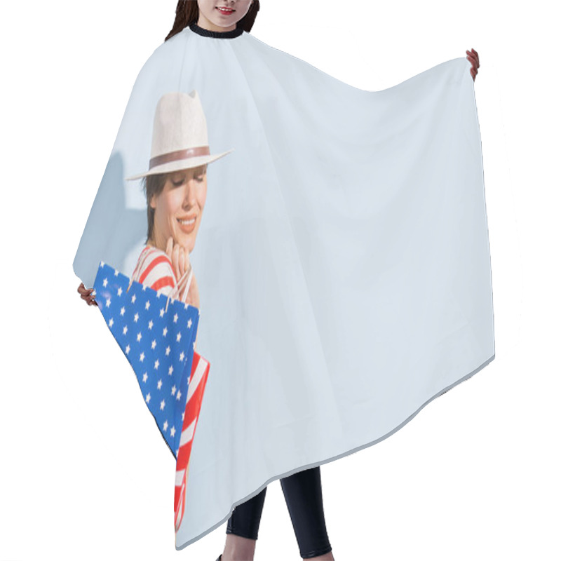 Personality  Beautiful Woman Holding Shopping Bags Stars, Stripes In White, Blue, Red Colors  Over Light  Blue Background Hair Cutting Cape