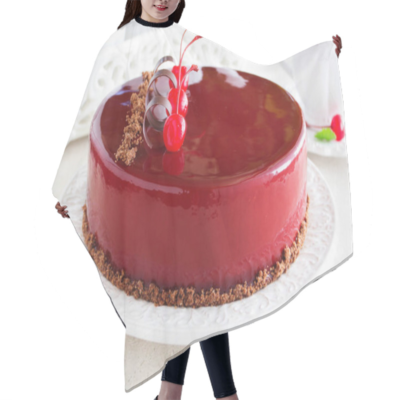 Personality  Chocolate Cherry Cake Covered With A Mirror Coating. Hair Cutting Cape