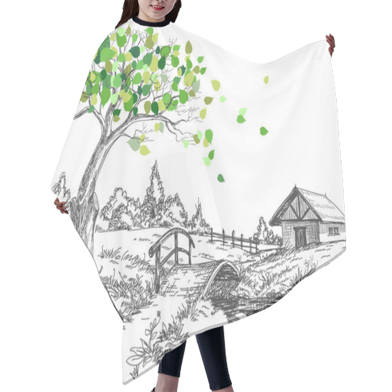 Personality  Green Leaves Spring Tree, Rural Landscape, Bridge Over River Hair Cutting Cape