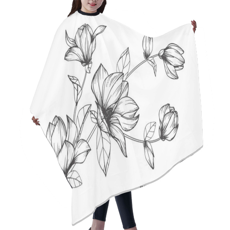 Personality  Magnolia Flower. Drawing And Sketch With Black And White Line-art. Hair Cutting Cape