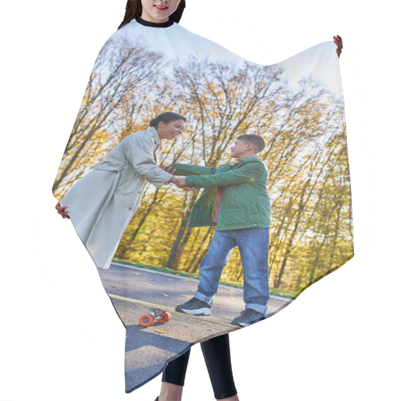 Personality  Happy Childhood, African American Mother And Son On Penny Board, Woman And Boy, Hold Hands, Autumn Hair Cutting Cape