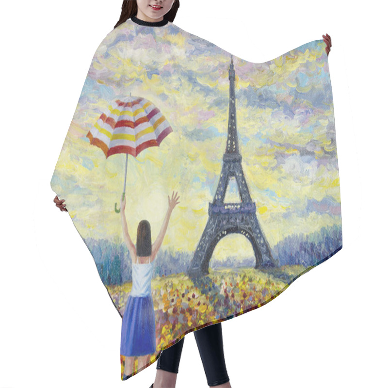 Personality  Women Travel, Paris European City Famous Landmark Of The World. France Eiffel Tower And Sun, Daisy Flower Multicolor In Garden, With Spring Season, Vintage Style. Abstract Oil Painting Illustration Hair Cutting Cape