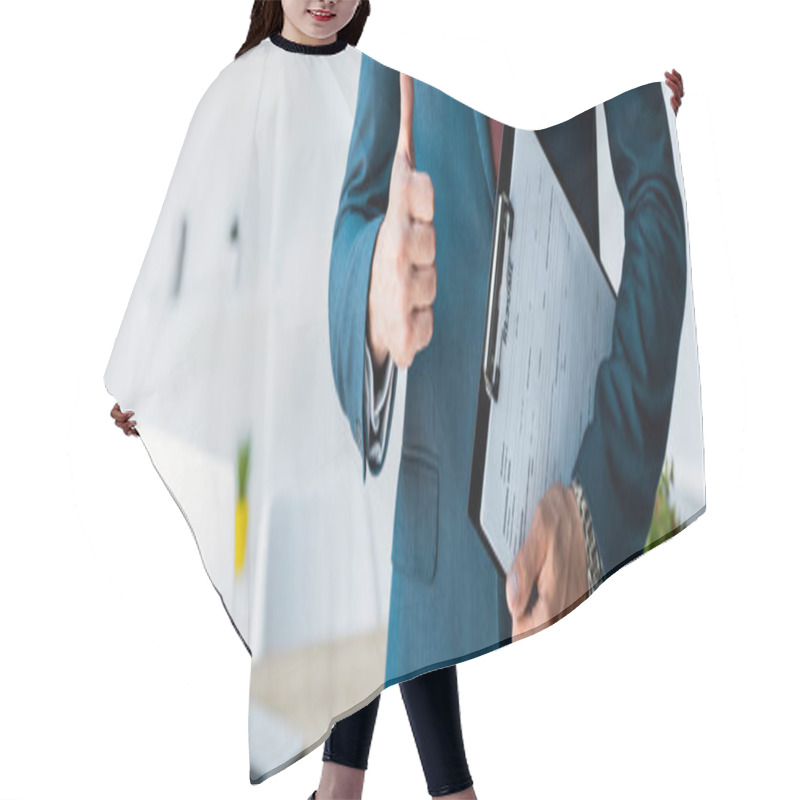 Personality  Panoramic Shot Of Recruiter Standing And Holding Clipboard With Resume Letters While Showing Thumb Up Hair Cutting Cape