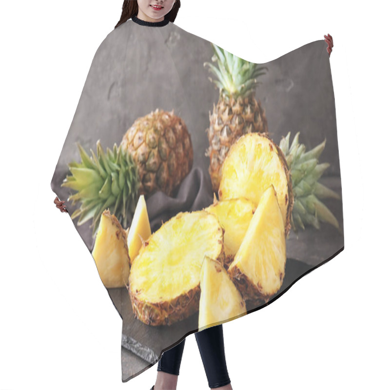 Personality  Slate Plate With Delicious Cut Pineapples On Table Hair Cutting Cape