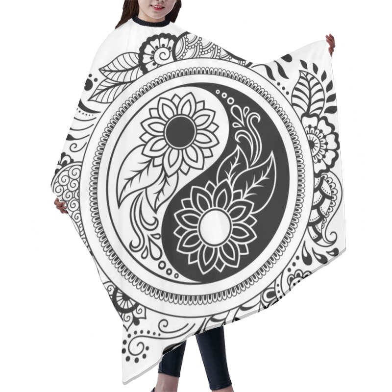 Personality  Circular Pattern In The Form Of A Mandala.  Yin-yang Decorative Symbol. Mehndi Style. Decorative Pattern In Oriental Style. Coloring Book Page. Hair Cutting Cape