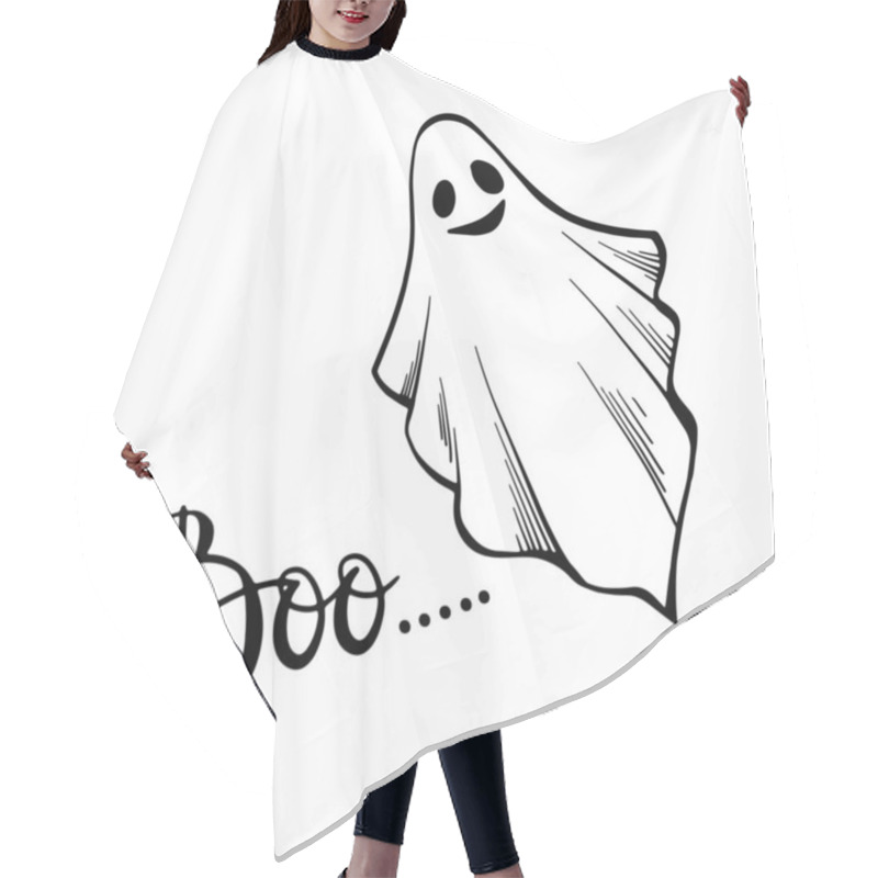 Personality  Ute Halloween Ghost And Lettering Boo. Hand Drawn Style. Line Art. Hair Cutting Cape