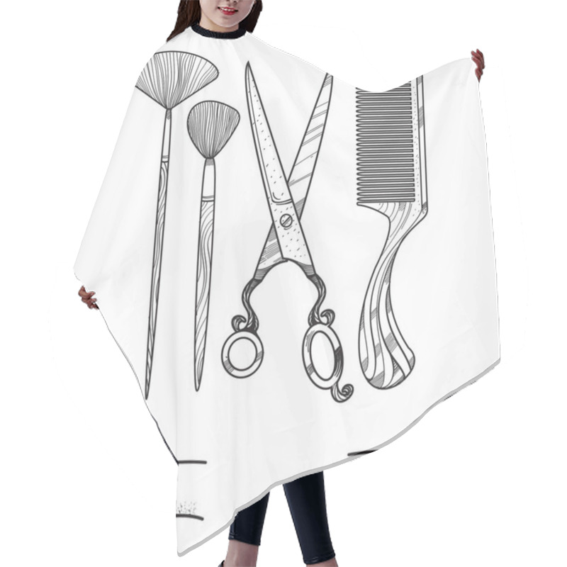 Personality  Contour Pattern With Scissors, Comb And Tassels For Make-up. Hair Cutting Cape