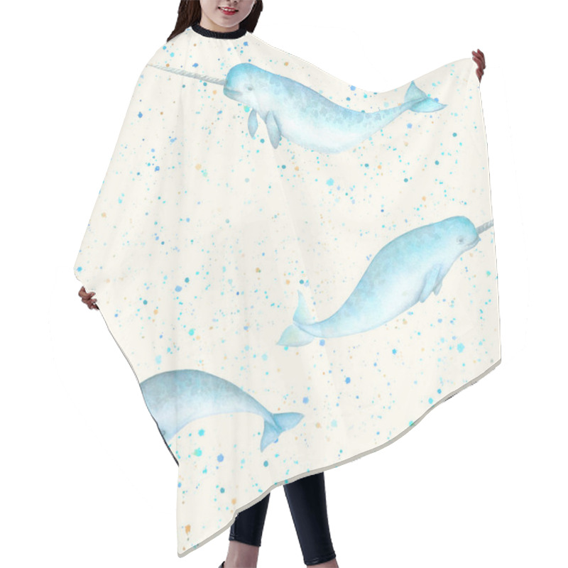 Personality  Watercolor Blue Teal Narwhals, Paint Splashes Seamless Pattern On Milky White Background. Watercolour Hand Drawn Sea Ocean Unicorn Whale Illustration. Print Or Textile, Fabric, Wallpaper, Wrapping. Hair Cutting Cape