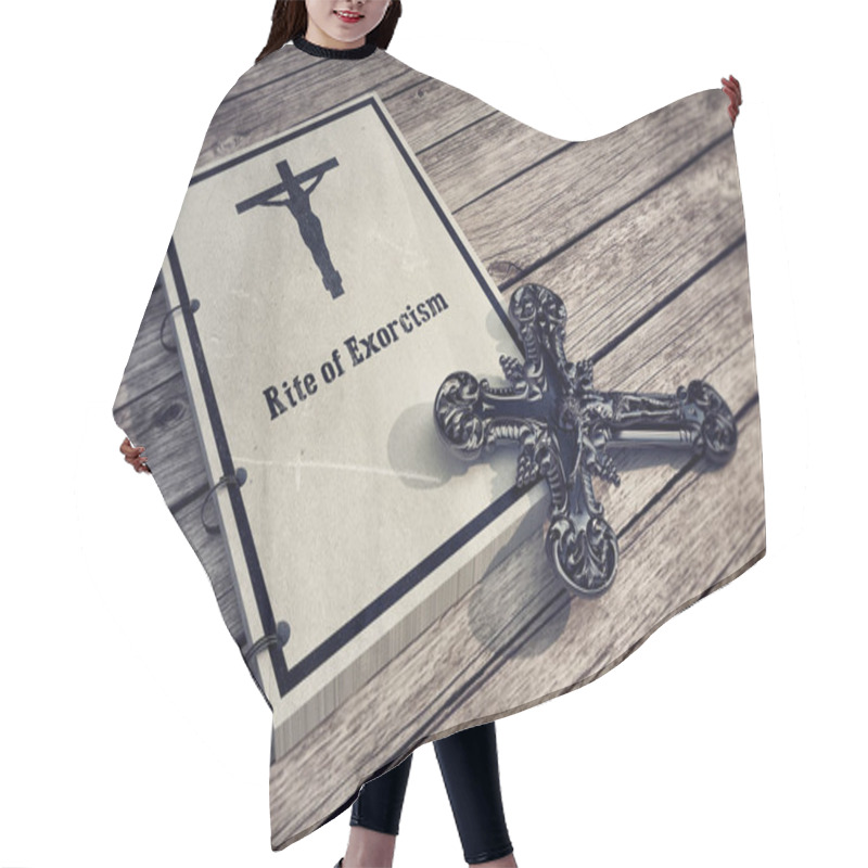 Personality  3d Illustration Of An Exorcism Book On Wooden Floor  Hair Cutting Cape