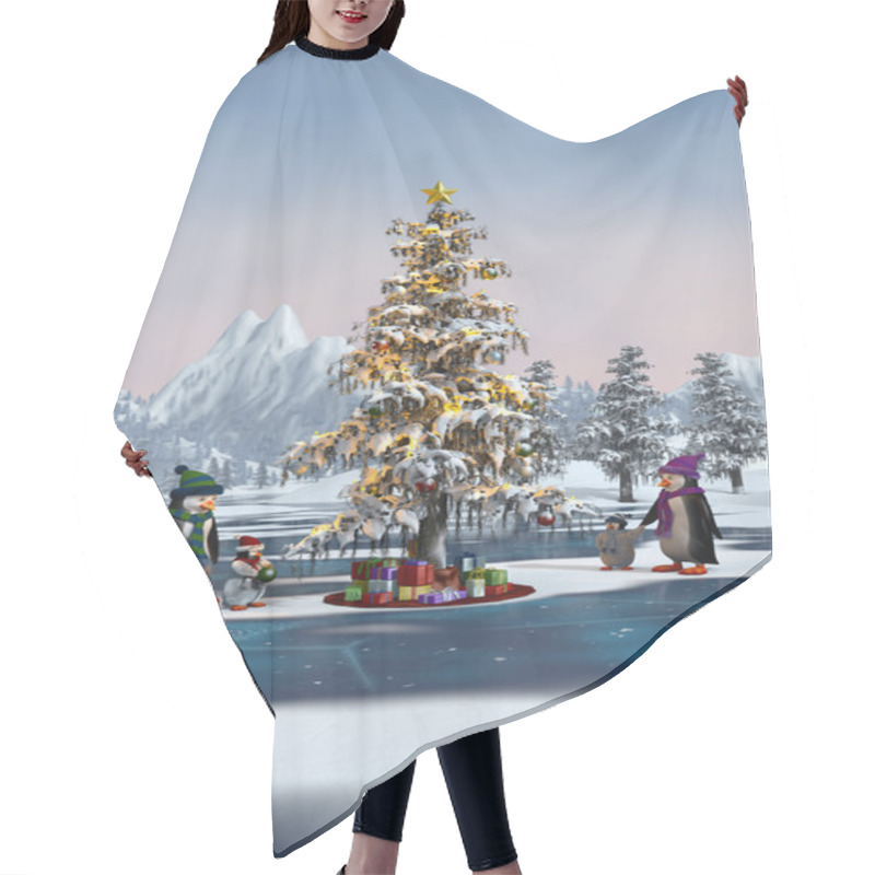 Personality  Penguins Around A Christmas Tree In A Winter Mountain Landscape Hair Cutting Cape