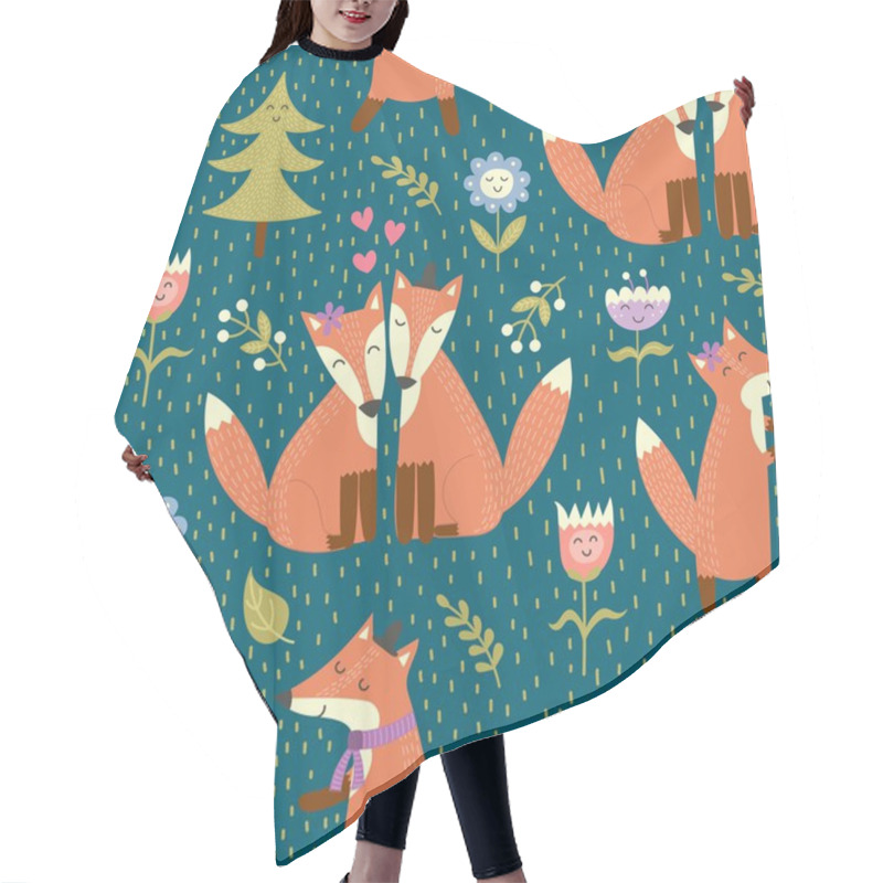 Personality  Seamless Pattern With Cute Foxes In The Woods. Vector Forest Texture Hair Cutting Cape