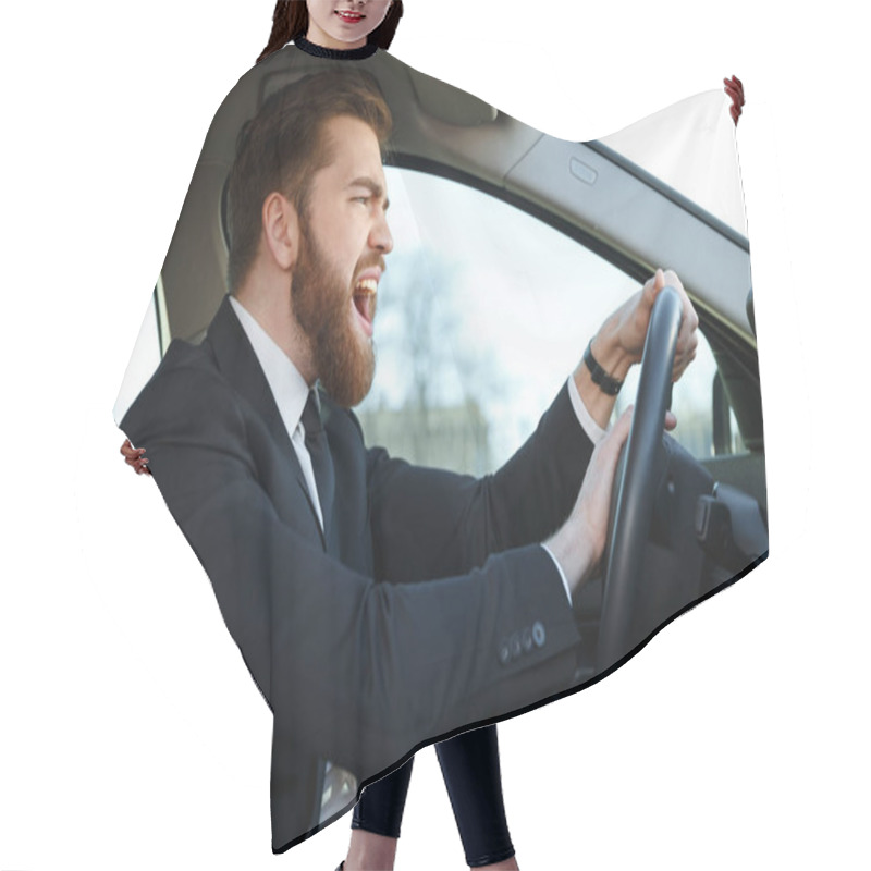 Personality  Side View Of Angry Business Man Driving And Beeps Hair Cutting Cape