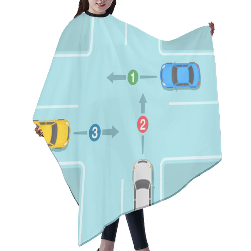 Personality  Safe Car Driving Tips And Traffic Regulation Rules. Cars On Cross Intersection. Priority On Unsigned Crossroads. Flat Vector Illustration Template. Hair Cutting Cape