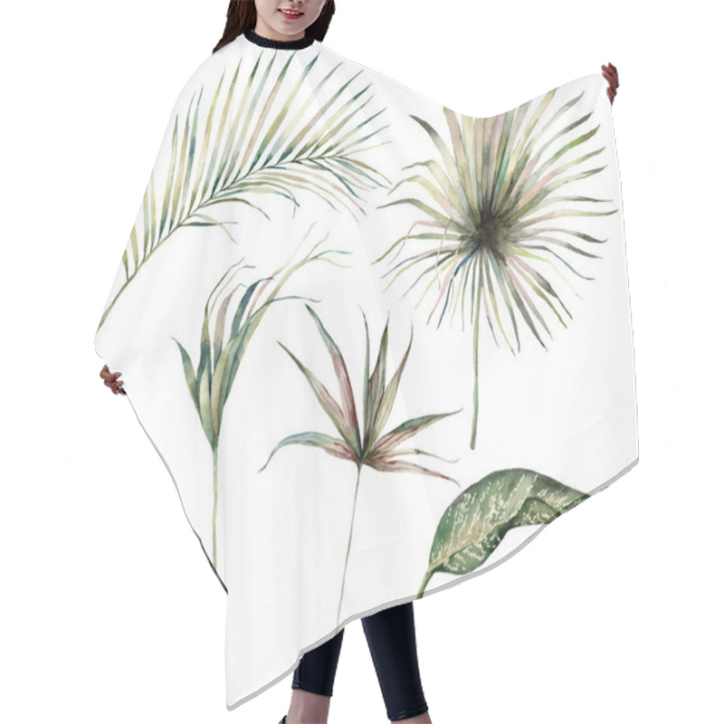 Personality  Watercolor Tropical Set With Coconut Leaves. Hand Painted Exotic Palm Branches Isolated On White Background. Floral Illustration For Design, Print, Fabric Or Background. Hair Cutting Cape