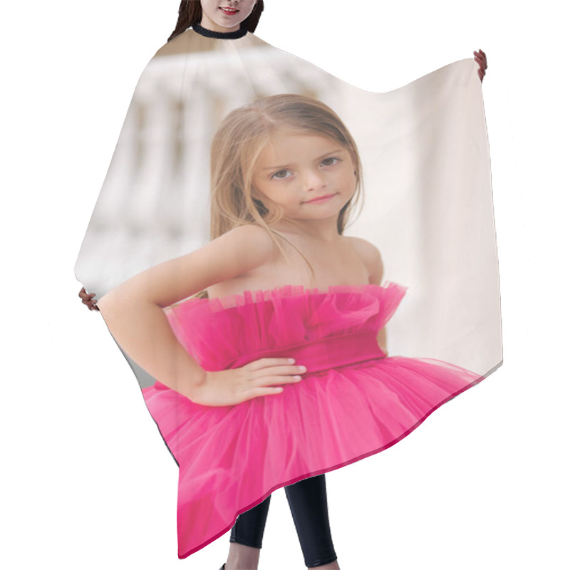 Personality  Cute Little Girl Model In Fluffy Pink Dress Posing To Photographer Hair Cutting Cape