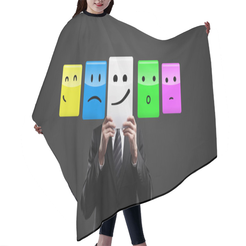 Personality  Business Man Holding A Card With Smiling Face. Hair Cutting Cape