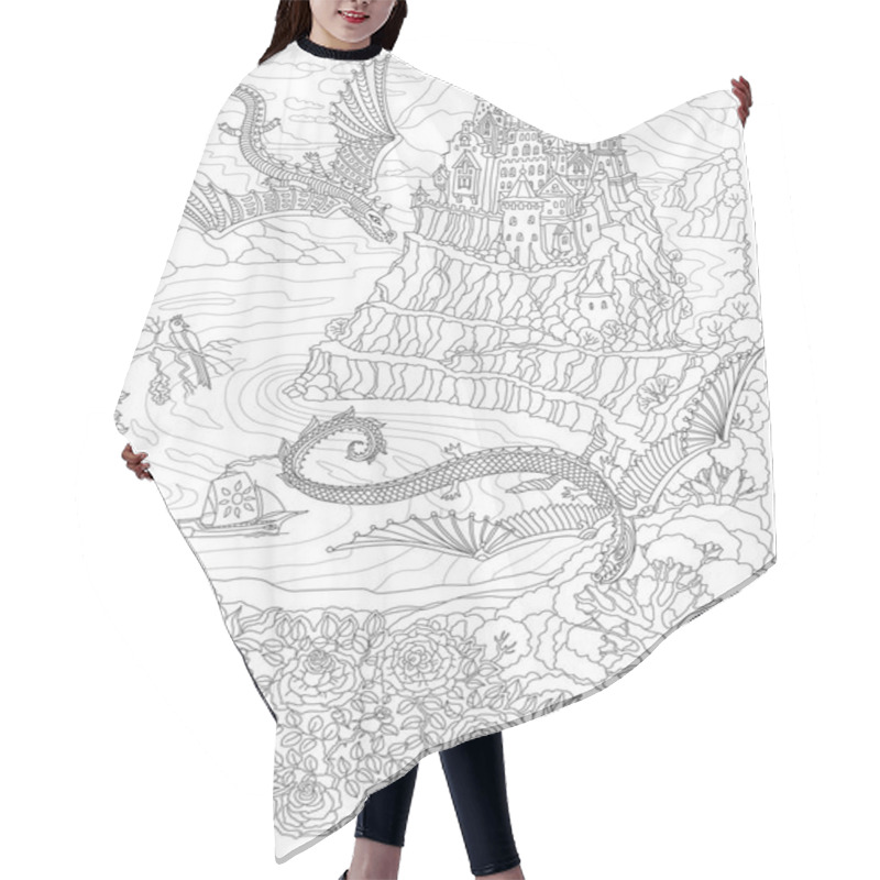 Personality  Fantasy Landscape. Fairy Tale Flying Dragons, Castle On A Hill In The Mountains, Sea Fjord Bay, Pixie Forest, Rose Garden, Lilies. Coloring Book Page Hair Cutting Cape