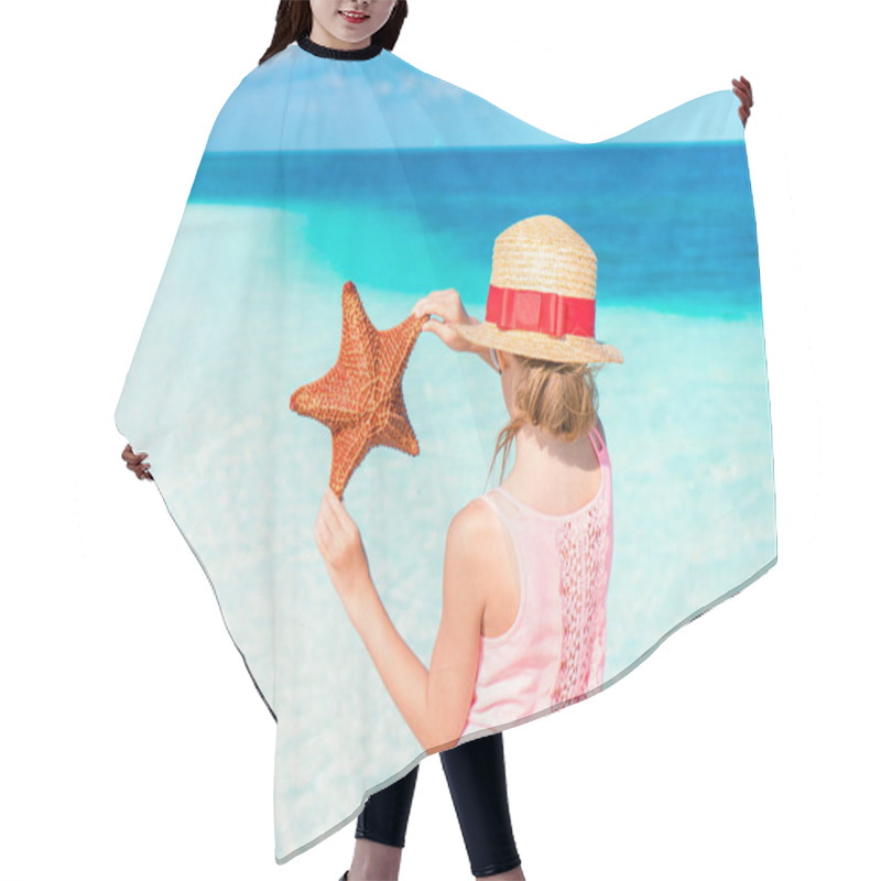 Personality  Adorable Little Girl With Starfish On White Empty Beach Hair Cutting Cape