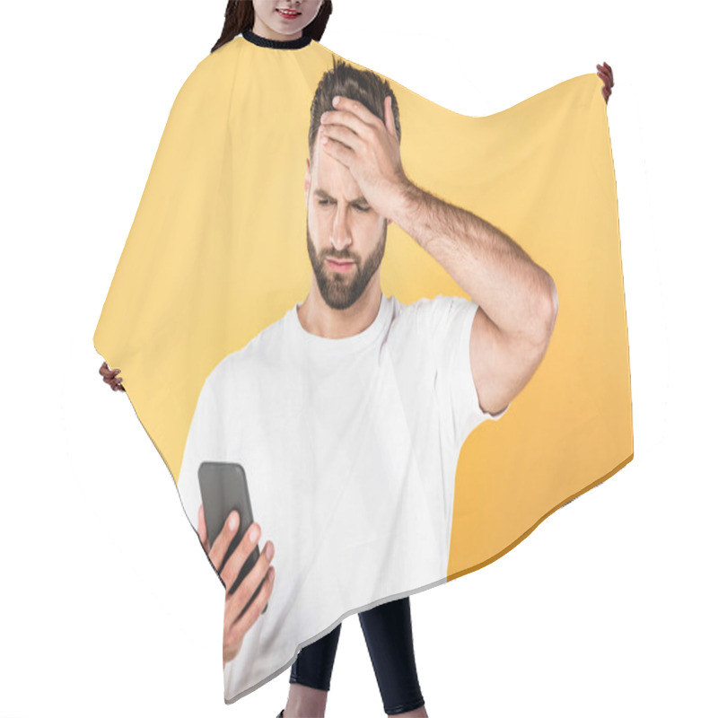 Personality  Upset Man In White T-shirt With Facepalm Using Smartphone Isolated On Yellow Hair Cutting Cape