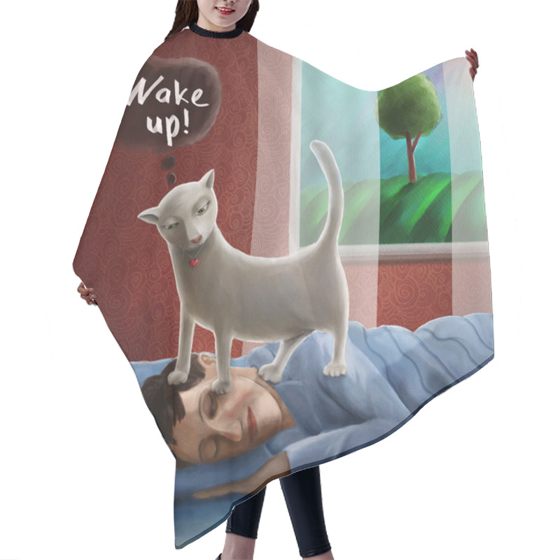 Personality  Cat Wakening Sleeping Man In The Morning Hair Cutting Cape