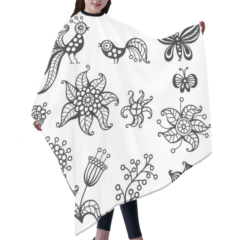 Personality  Set Of Elements For Design: Birds, Butterflies, Flowers Hair Cutting Cape