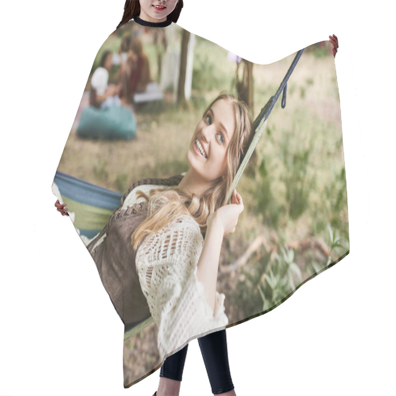 Personality  Happy Young Blonde Woman In Boho Clothes Relaxing In Hammock Outdoors In Retreat Center Hair Cutting Cape