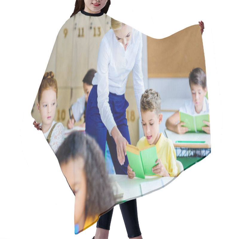 Personality  Beautiful Teacher Checking How Kids Reading Books During Lesson Hair Cutting Cape