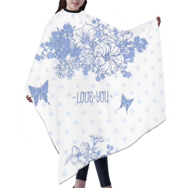 Personality  Blue Spring And Summer Floral Bouquet For Invitation Cards With Butterflies Hair Cutting Cape