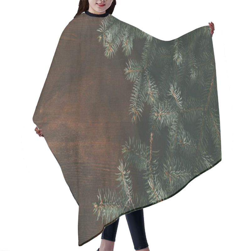 Personality  Green Fir Branches On Dark Wooden Background Hair Cutting Cape