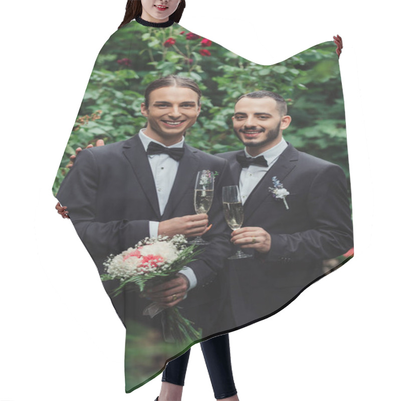 Personality  Joyful Gay Couple In Suits Holding Glasses Of Champagne In Green Park Hair Cutting Cape